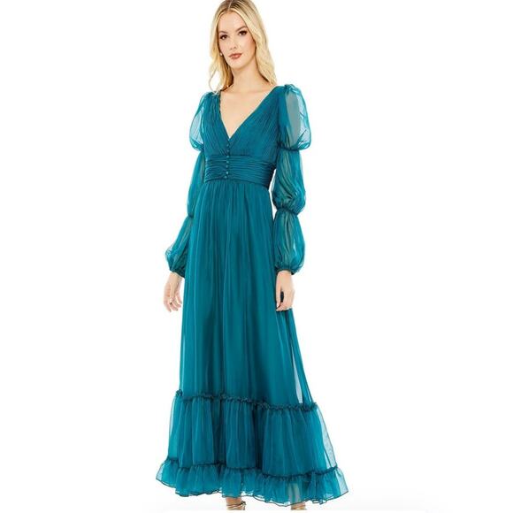 Mac Duggal 68254 Teal Teared Long Sleeve Midi dress Size 14 NWT